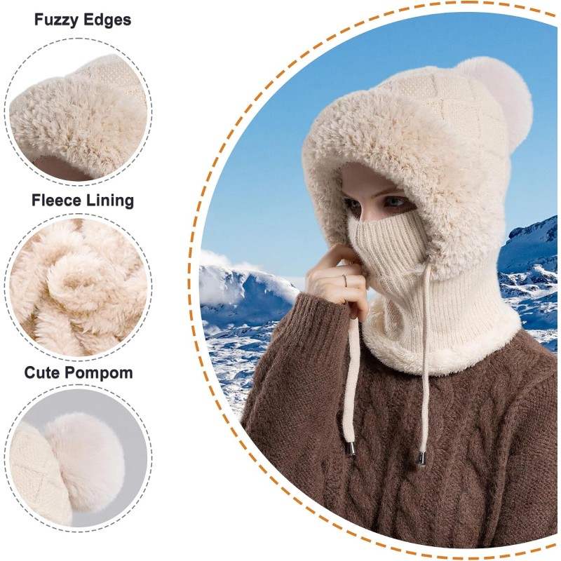 HUAMULAN Women's 3-in-1 Beige Knit Balaclava Ski Hat Set HUAMULAN Women's Winter Balaclava: Beige Knit Ski Hat with Earmuff Face Mask