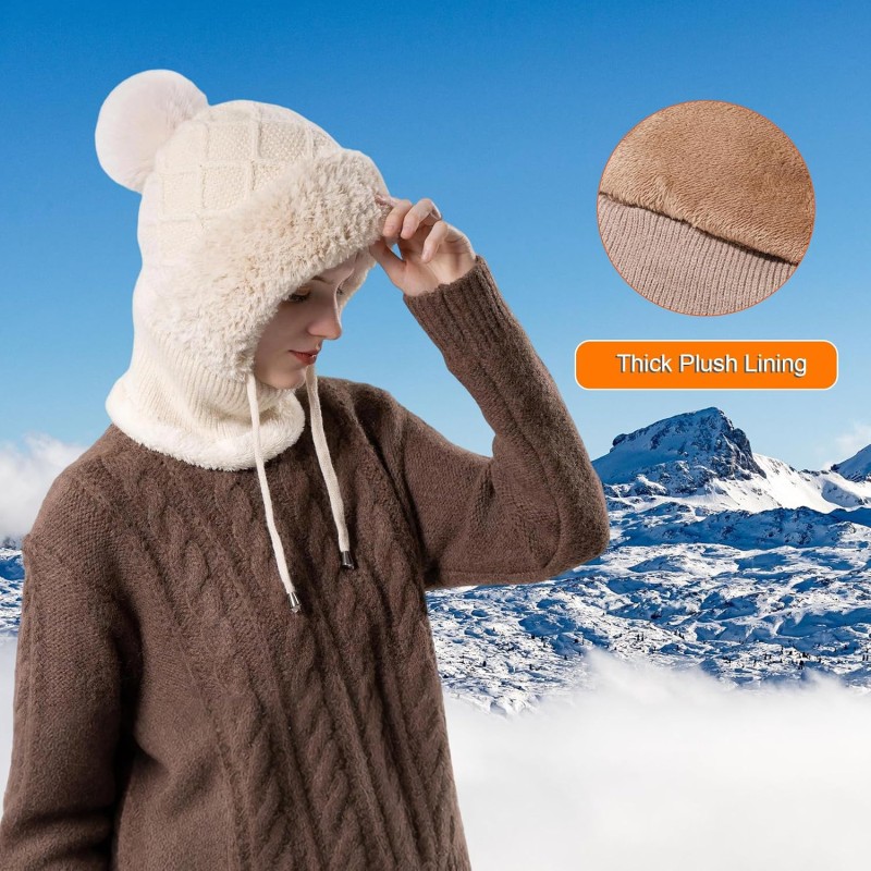 HUAMULAN Women's 3-in-1 Beige Knit Balaclava Ski Hat Set HUAMULAN Women's Winter Balaclava: Beige Knit Ski Hat with Earmuff Face Mask