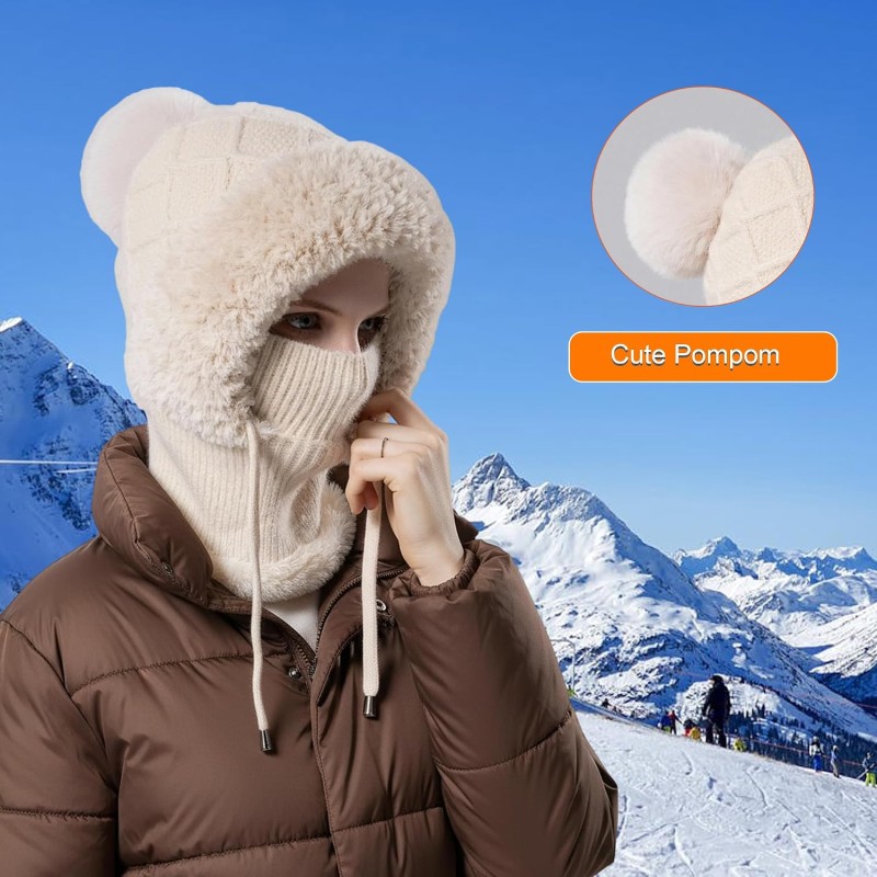 HUAMULAN Women's 3-in-1 Beige Knit Balaclava Ski Hat Set HUAMULAN Women's Winter Balaclava: Beige Knit Ski Hat with Earmuff Face Mask