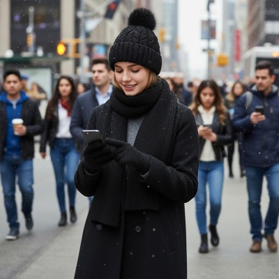 Women's winter beanie scarf gloves set with pompom and touchscreen compatibility