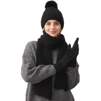 Women's Winter Beanie Scarf Gloves Set – Pompom Touchscreen Fleece Lined Cold Weather Ski Gear