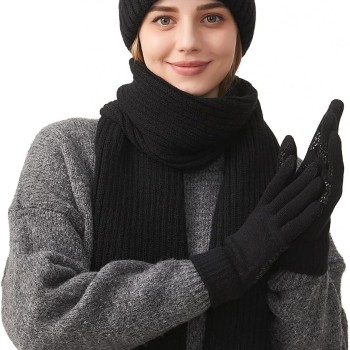 Women's Winter Beanie Scarf Gloves Set – Pompom Touchscreen Fleece Lined Cold Weather Ski Gear Women's Winter Beanie Scarf Gloves Set – Pompom Touchscreen Fleece Lined Cold Weather Ski Gear