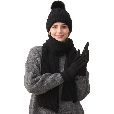 Women's winter beanie scarf gloves set with pompom and touchscreen compatibility