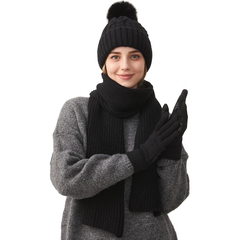 Women's winter beanie scarf gloves set with pompom and touchscreen compatibility