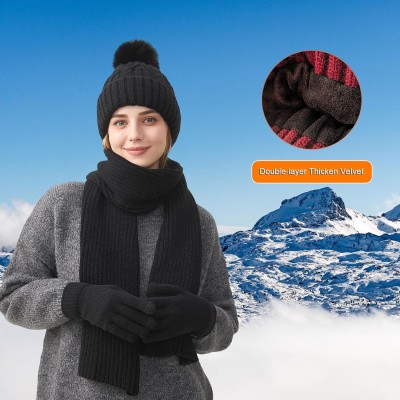 Women's winter beanie scarf gloves set with pompom and touchscreen compatibility