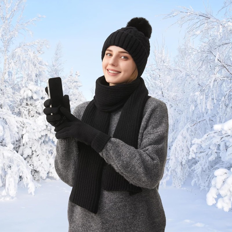 Women's winter beanie scarf gloves set with pompom and touchscreen compatibility