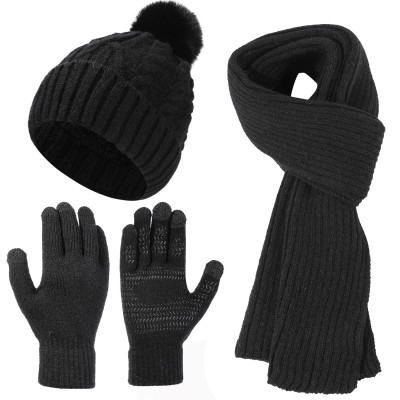 Women's winter beanie scarf gloves set with pompom and touchscreen compatibility