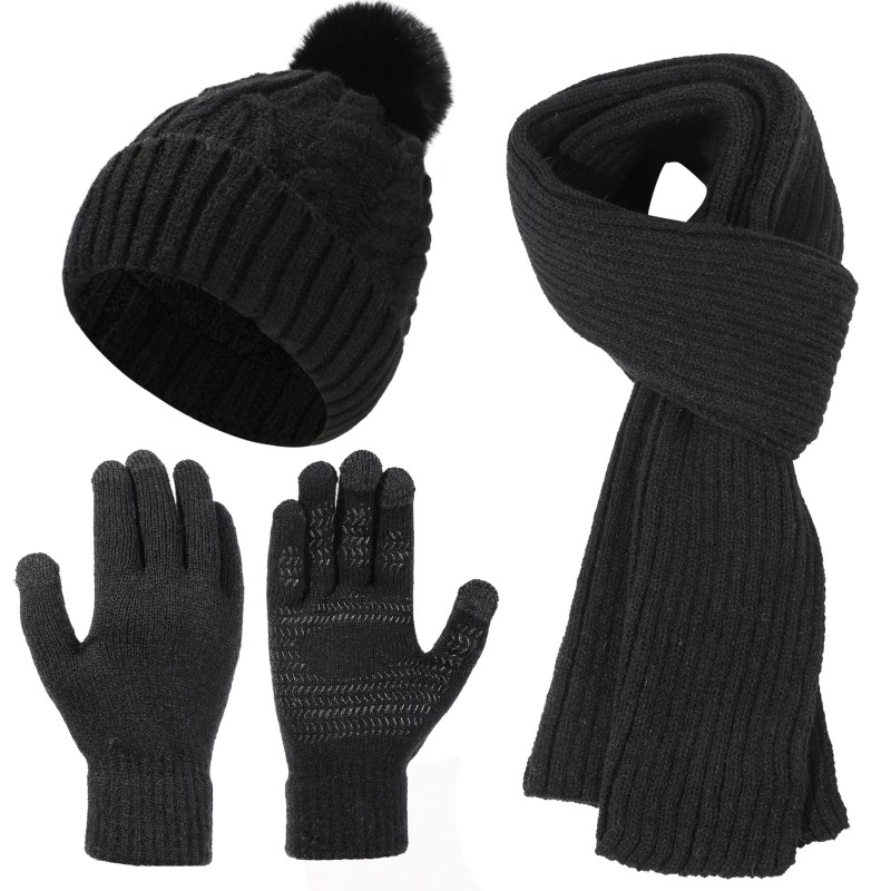Women's winter beanie scarf gloves set with pompom and touchscreen compatibility
