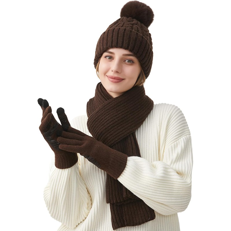 Women's Winter Beanie Scarf Gloves Set for Cold Weather Women's Winter Beanie Scarf Gloves Set with Touchscreen Fleece Lining