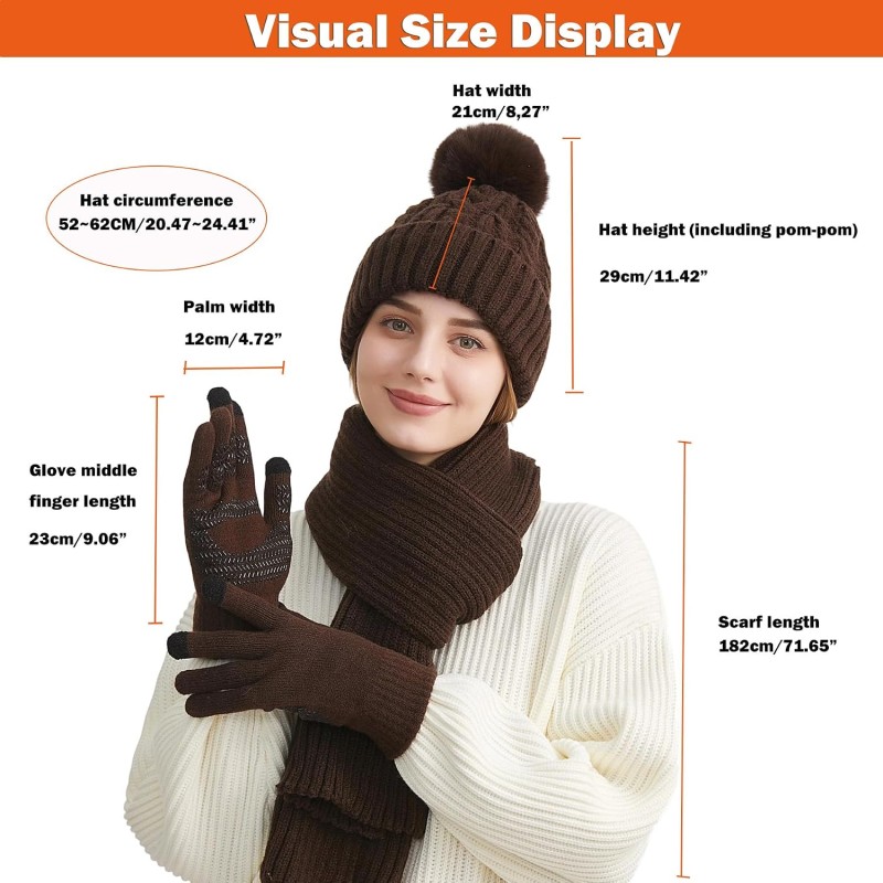 Women's Winter Beanie Scarf Gloves Set for Cold Weather Women's Winter Beanie Scarf Gloves Set with Touchscreen Fleece Lining