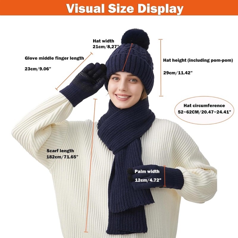 Women's Navy Winter Beanie Scarf Gloves Set Women's navy winter beanie scarf gloves set with pompom and touchscreen gloves