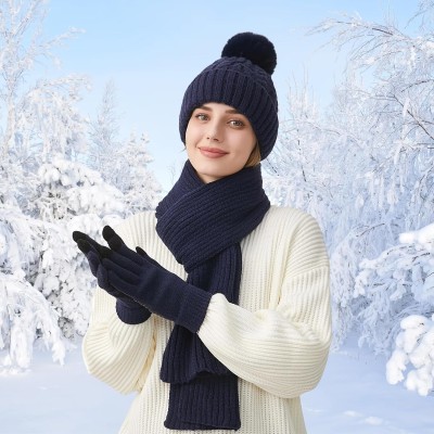 Women's Navy Winter Beanie Scarf Gloves Set Women's navy winter beanie scarf gloves set with pompom and touchscreen gloves