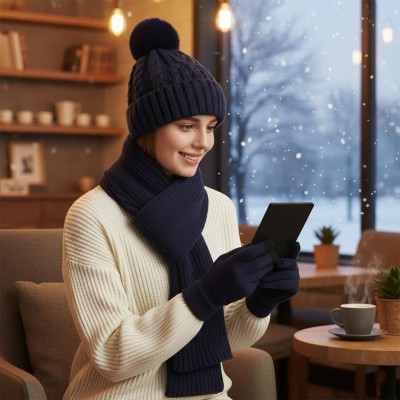 Women's Navy Winter Beanie Scarf Gloves Set Women's navy winter beanie scarf gloves set with pompom and touchscreen gloves