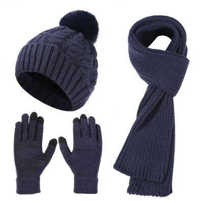 Women's Navy Winter Beanie Scarf Gloves Set Women's navy winter beanie scarf gloves set with pompom and touchscreen gloves
