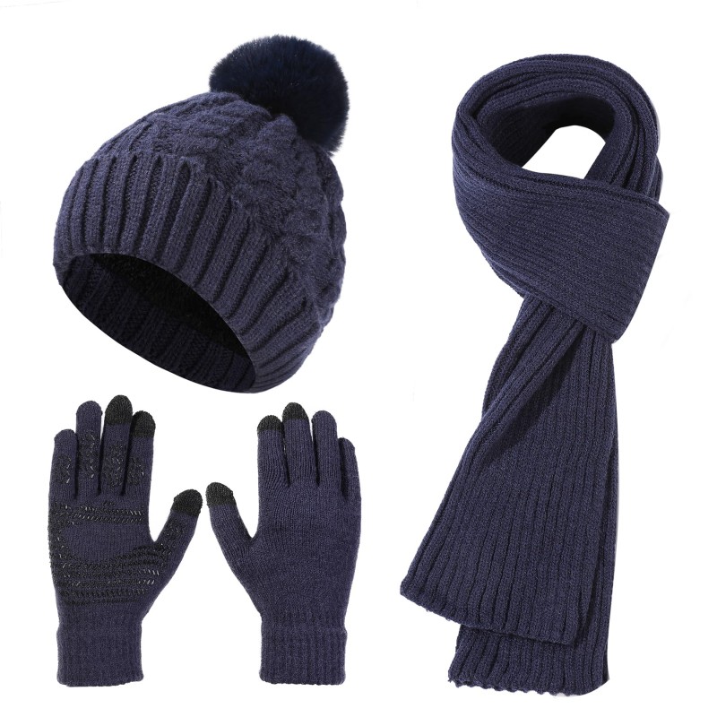 Women's Navy Winter Beanie Scarf Gloves Set Women's navy winter beanie scarf gloves set with pompom and touchscreen gloves