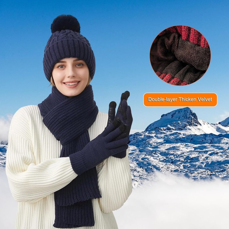 Women's Navy Winter Beanie Scarf Gloves Set Women's navy winter beanie scarf gloves set with pompom and touchscreen gloves