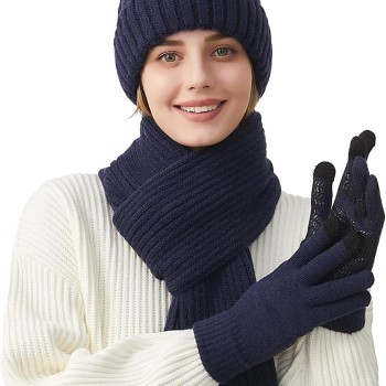 Women's Winter Beanie Scarf Gloves Set – Warm Fleece Lined, Touchscreen Gloves, Pompom, Navy Cold Weather Women's Winter Beanie Scarf Gloves Set – Warm Fleece Lined, Touchscreen Gloves, Pompom, Navy Cold Weather