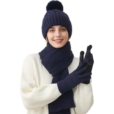 Women's Navy Winter Beanie Scarf Gloves Set Women's navy winter beanie scarf gloves set with pompom and touchscreen gloves