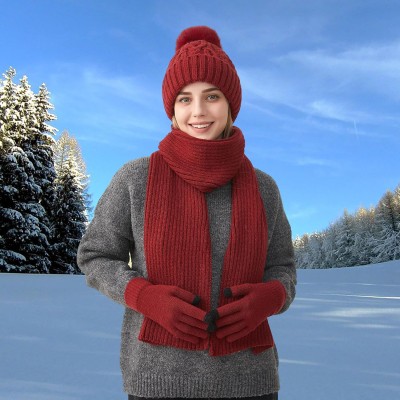 Wine red women's winter beanie scarf gloves set with pompom, fleece lined, touchscreen compatible for skiing