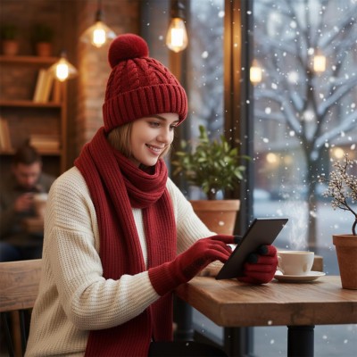 Wine red women's winter beanie scarf gloves set with pompom, fleece lined, touchscreen compatible for skiing
