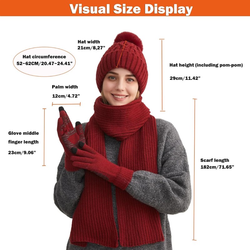 Wine red women's winter beanie scarf gloves set with pompom, fleece lined, touchscreen compatible for skiing