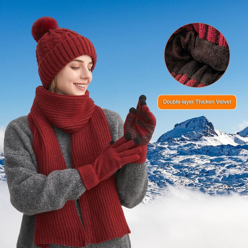 Wine red women's winter beanie scarf gloves set with pompom, fleece lined, touchscreen compatible for skiing