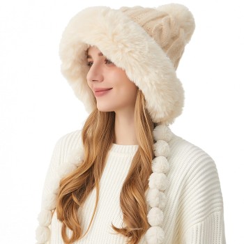 HUAMULAN Women's Winter Sherpa Lined Beanie Ear Flaps Pom Pom Knit Ski Hat Beige Ponytail Ready