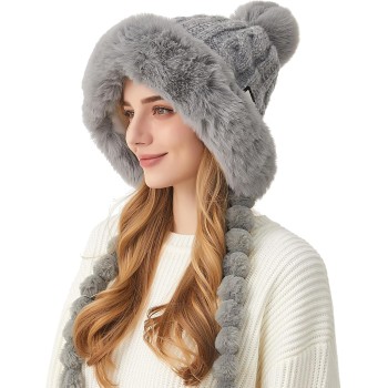 HUAMULAN Women's Winter Sherpa Beanie Fleece Lined Ear Flap Ponytail Hat Gray For Ski Travel