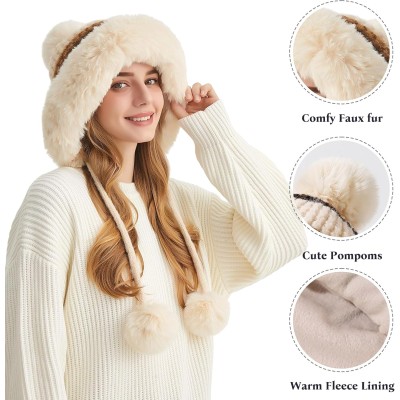 Beige Stripe Peruvian Beanie with Ear Flaps & 3 Pom Poms Beige Stripe Fleece-Lined Peruvian Beanie with Ear Flaps and 3 Pom Poms for Skiing
