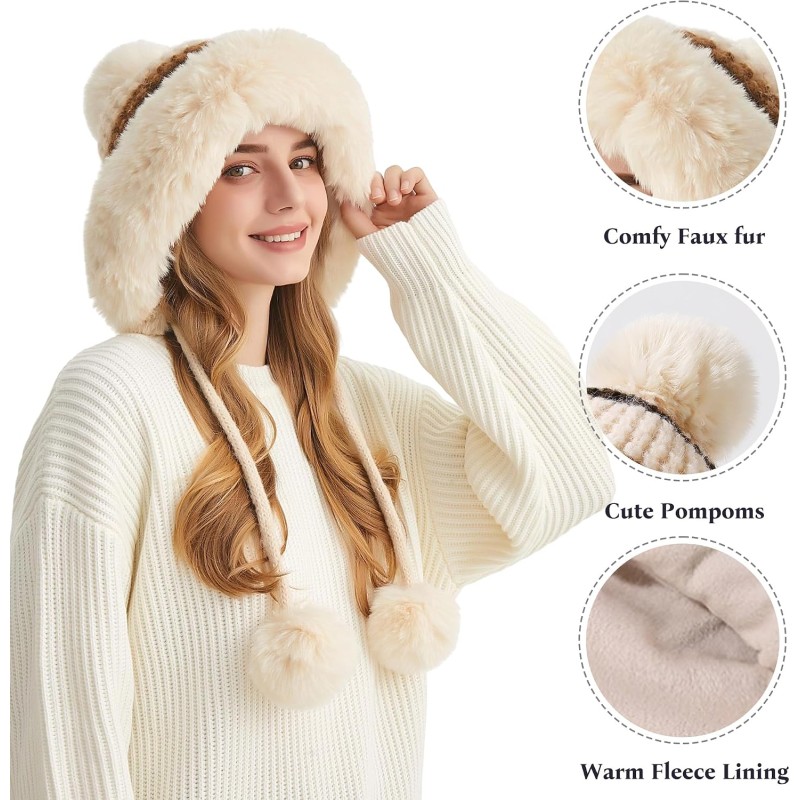 Beige Stripe Peruvian Beanie with Ear Flaps & 3 Pom Poms Beige Stripe Fleece-Lined Peruvian Beanie with Ear Flaps and 3 Pom Poms for Skiing