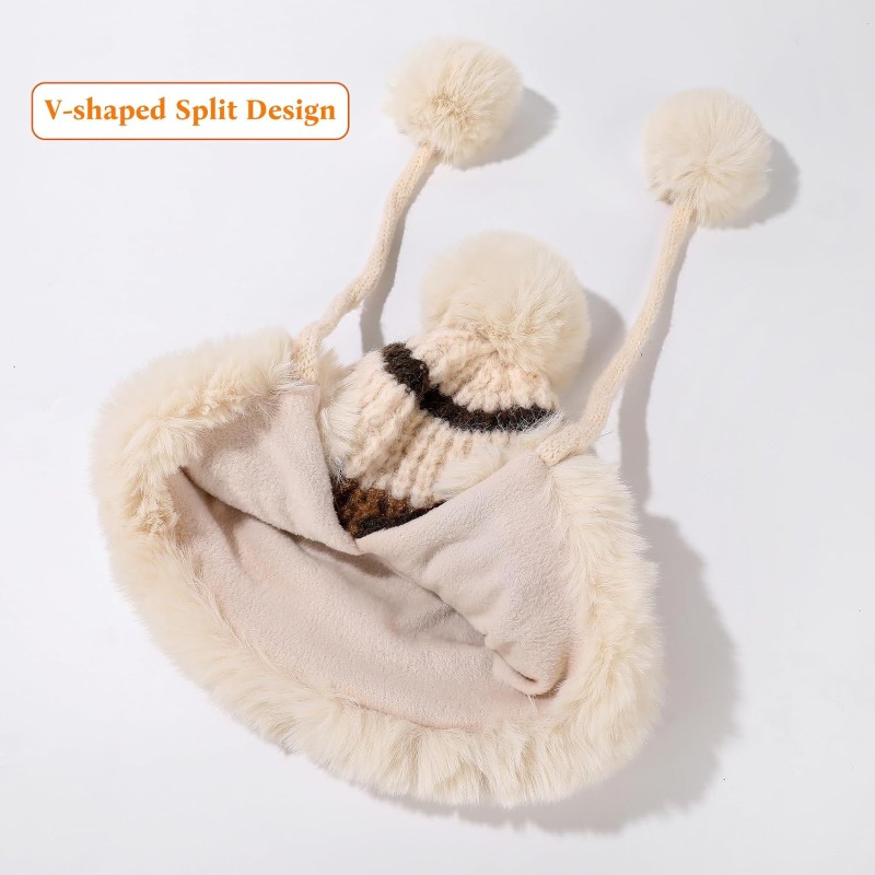 Beige Stripe Peruvian Beanie with Ear Flaps & 3 Pom Poms Beige Stripe Fleece-Lined Peruvian Beanie with Ear Flaps and 3 Pom Poms for Skiing