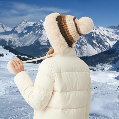 Beige Stripe Peruvian Beanie with Ear Flaps & 3 Pom Poms Beige Stripe Fleece-Lined Peruvian Beanie with Ear Flaps and 3 Pom Poms for Skiing