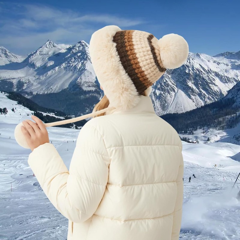 Beige Stripe Peruvian Beanie with Ear Flaps & 3 Pom Poms Beige Stripe Fleece-Lined Peruvian Beanie with Ear Flaps and 3 Pom Poms for Skiing