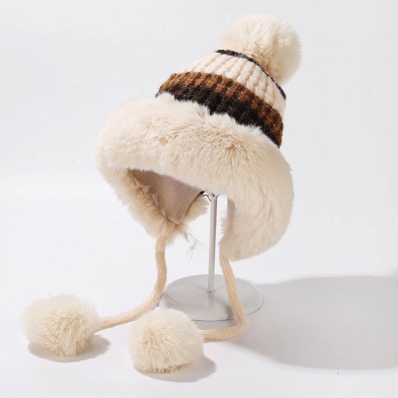 Beige Stripe Peruvian Beanie with Ear Flaps & 3 Pom Poms Beige Stripe Fleece-Lined Peruvian Beanie with Ear Flaps and 3 Pom Poms for Skiing