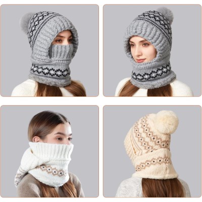 Patterned Gray Women's 3-in-1 Fleece Lined Balaclava Hat Scarf for Skiing