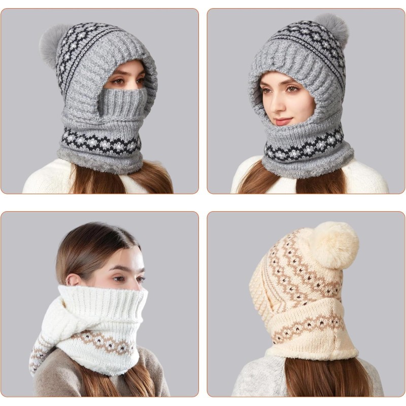 Patterned Gray Women's 3-in-1 Fleece Lined Balaclava Hat Scarf for Skiing