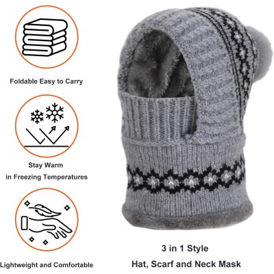 Patterned Gray Women's 3-in-1 Fleece Lined Balaclava Hat Scarf for Skiing