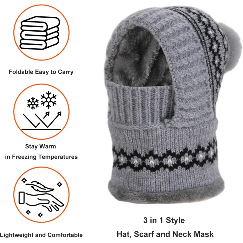 Patterned Gray Women's 3-in-1 Fleece Lined Balaclava Hat Scarf for Skiing