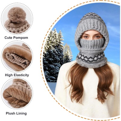 Patterned Gray Women's 3-in-1 Fleece Lined Balaclava Hat Scarf for Skiing