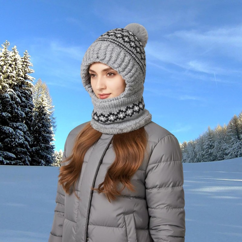 Patterned Gray Women's 3-in-1 Fleece Lined Balaclava Hat Scarf for Skiing