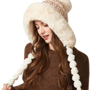 HUAMULAN Women's Winter Earflap Beanie, Fleece Lined, 3 Pom Poms, Ponytail Friendly, Beige Floral Warm Ski Hat HUAMULAN Women's Winter Earflap Beanie, Fleece Lined, 3 Pom Poms, Ponytail Friendly, Beige Floral Warm Ski Hat