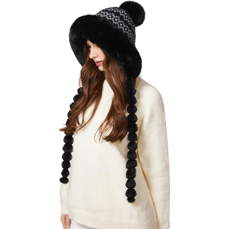 HUAMULAN Women’s Fleece Lined Earflap Pom Pom Ski Hat HUAMULAN Women’s Black Floral Pom Pom Winter Beanie with Earflaps