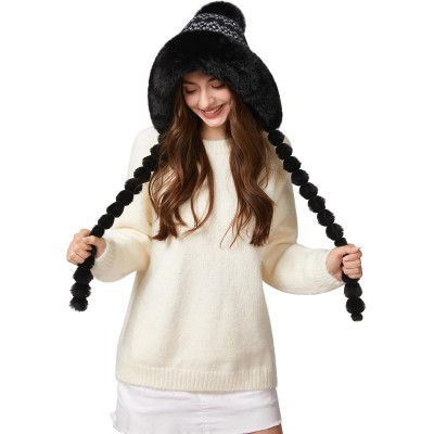 HUAMULAN Women’s Fleece Lined Earflap Pom Pom Ski Hat HUAMULAN Women’s Black Floral Pom Pom Winter Beanie with Earflaps