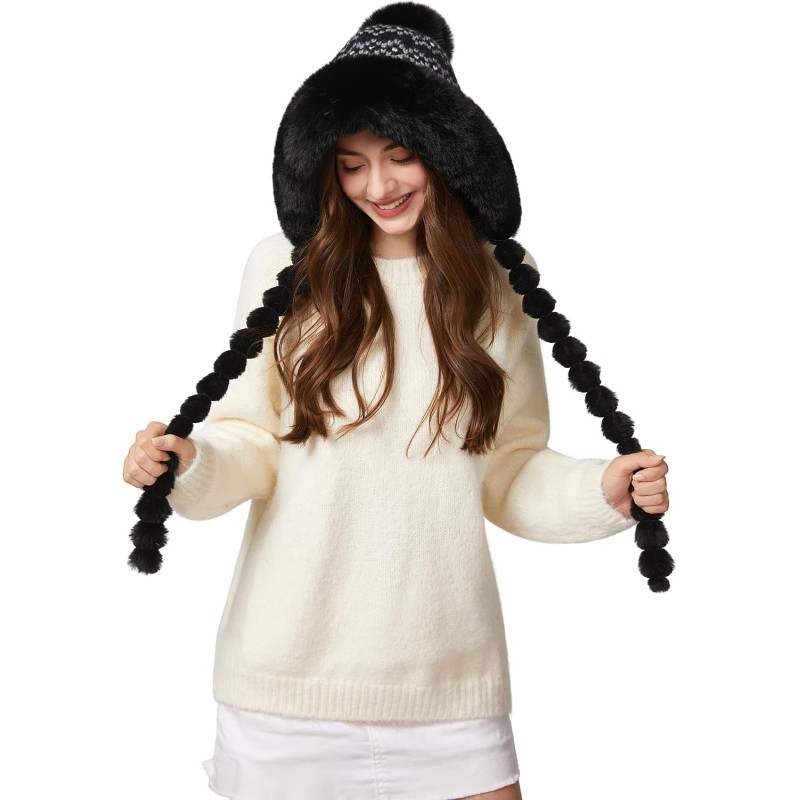 HUAMULAN Women’s Fleece Lined Earflap Pom Pom Ski Hat HUAMULAN Women’s Black Floral Pom Pom Winter Beanie with Earflaps