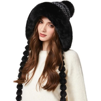 HUAMULAN Women’s Winter Beanie Fleece Lined Earflap Ponytail Black Floral Pom Pom Ski Hat One Size
