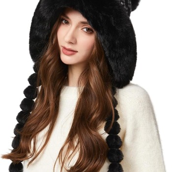 HUAMULAN Women’s Winter Beanie Fleece Lined Earflap Ponytail Black Floral Pom Pom Ski Hat One Size HUAMULAN Women’s Winter Beanie Fleece Lined Earflap Ponytail Black Floral Pom Pom Ski Hat One Size
