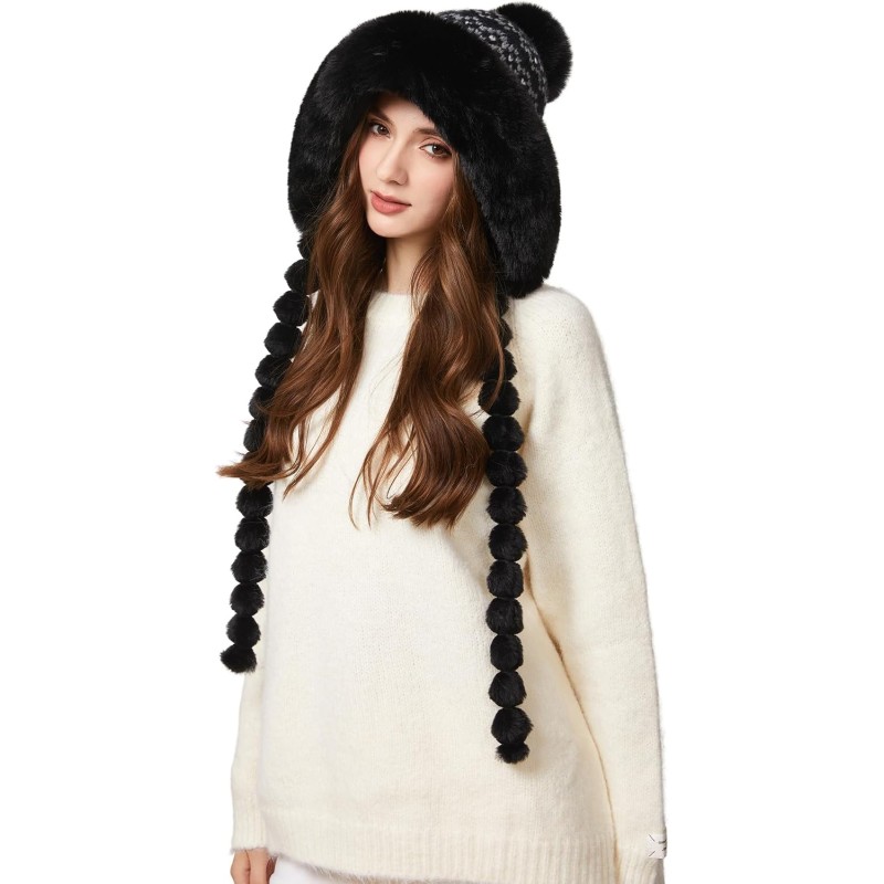 HUAMULAN Women’s Fleece Lined Earflap Pom Pom Ski Hat HUAMULAN Women’s Black Floral Pom Pom Winter Beanie with Earflaps