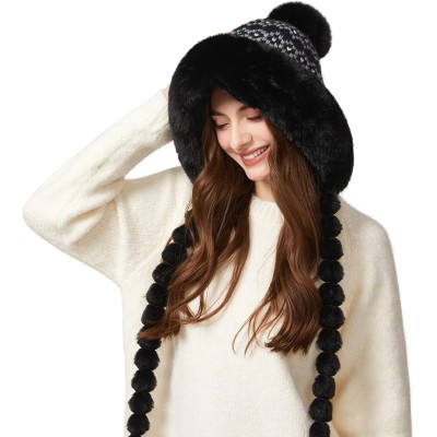 HUAMULAN Women’s Fleece Lined Earflap Pom Pom Ski Hat HUAMULAN Women’s Black Floral Pom Pom Winter Beanie with Earflaps