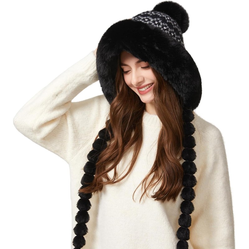 HUAMULAN Women’s Fleece Lined Earflap Pom Pom Ski Hat HUAMULAN Women’s Black Floral Pom Pom Winter Beanie with Earflaps