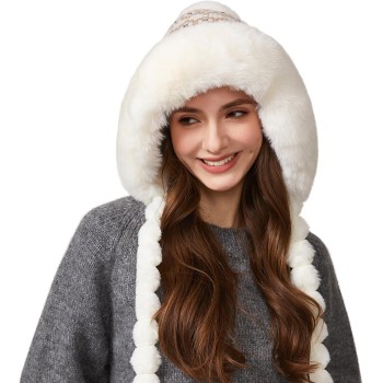 HUAMULAN Women's Warm Winter Beanie Fleece Lined Earflap 3 Pom Poms Ponytail Cream Floral Ski Hat